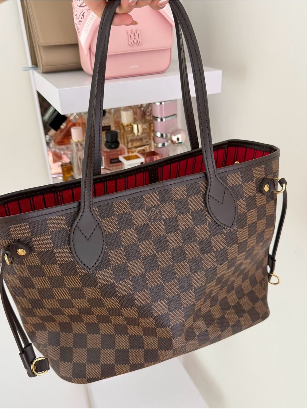 Louis Vuitton Brown Damier Canvas Tote with Red Interior